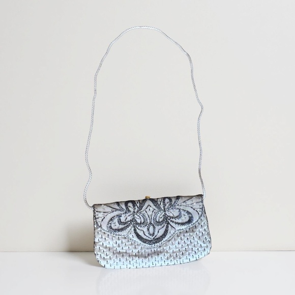 Vintage Magid Quilted Beaded Clutch - Purse - Handbag with Strap Ivory - Gray - Picture 1 of 15